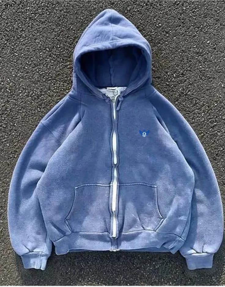 Premium Washed Blue Zip-Up Hoodie