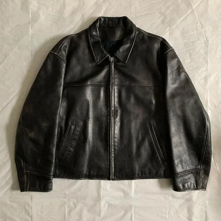 Classic Shirt-Collar Minimal Leather Jacket